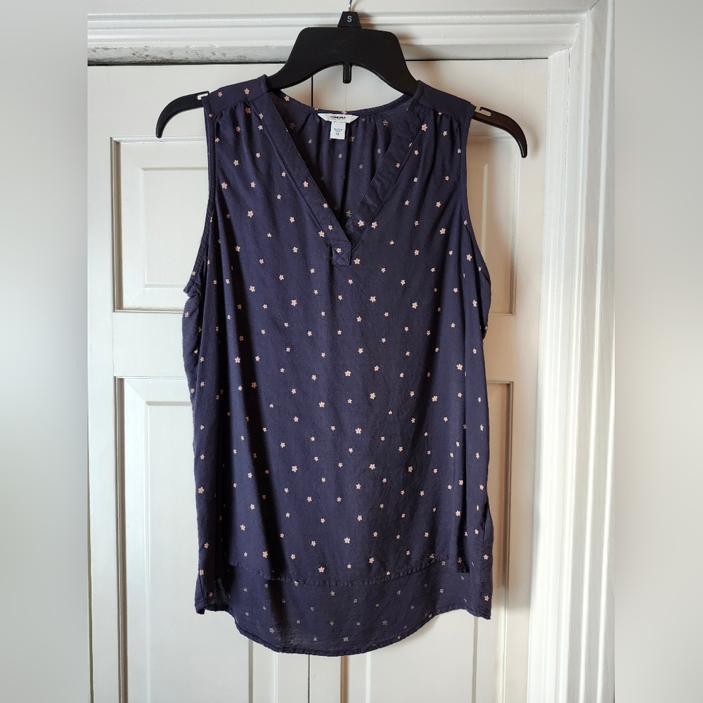 NWOT Navy Sleeveless Blouse with Pink Floral Print